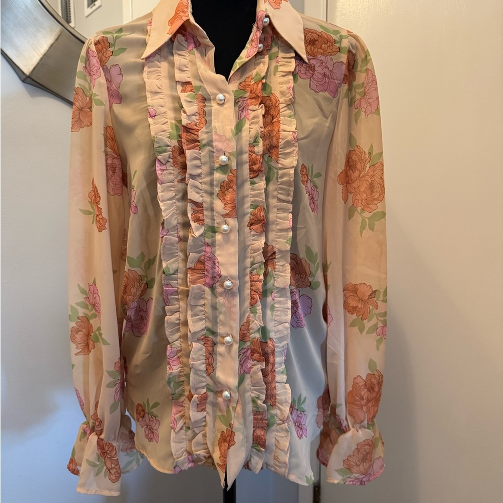 River Island Peach Floral Ruffle Button-Front Shirt